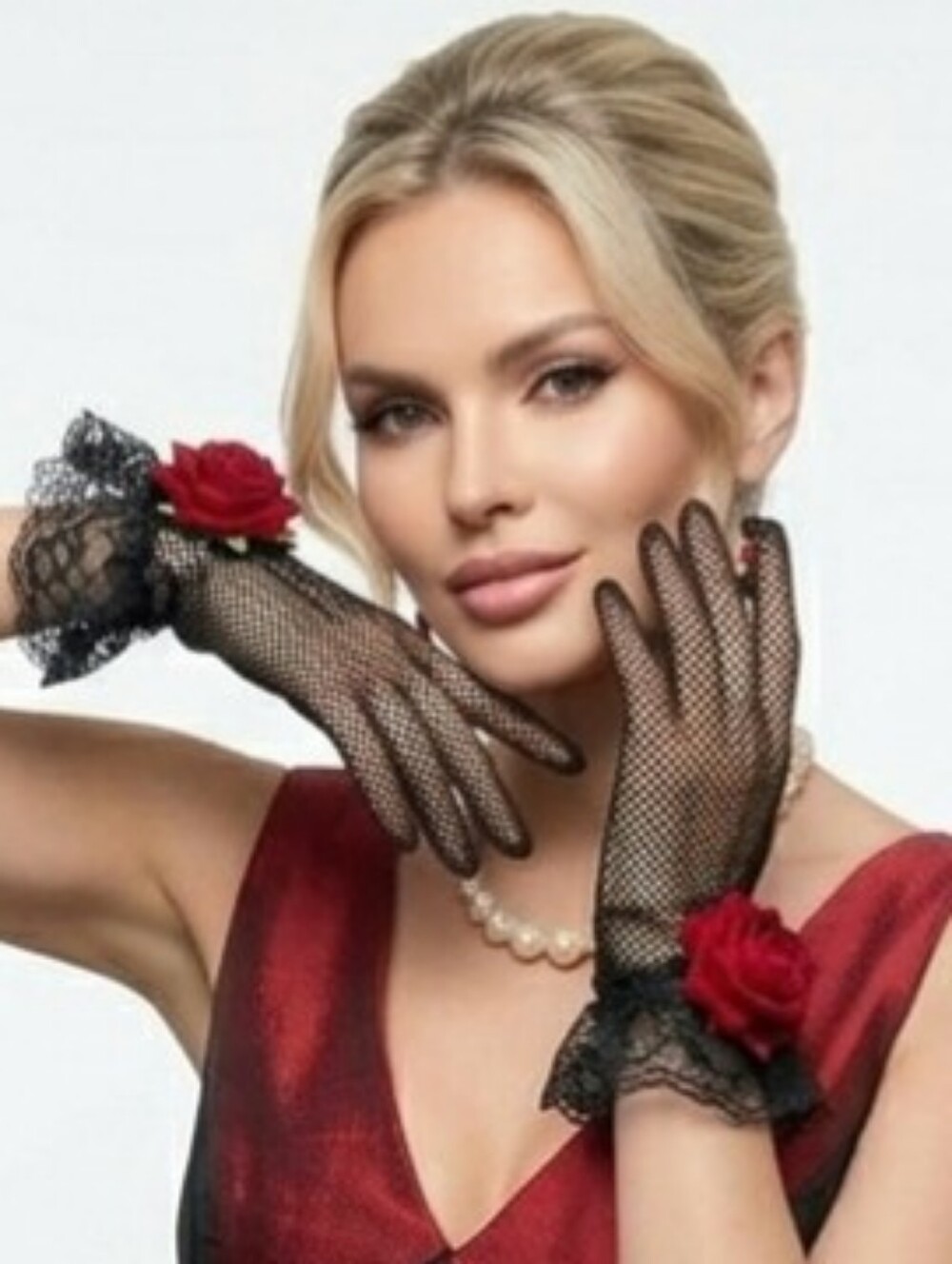 Beloved Millinery Elegant Black Fishnet Lace Wrist Gloves with Red Rose Accent.